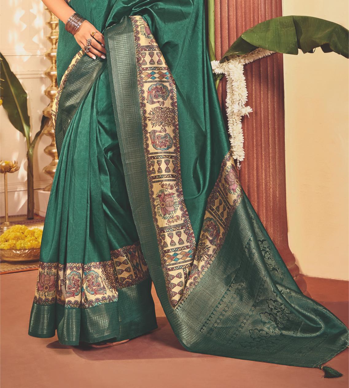 Mineral Green Tussar Silk Tribal Print Saree-4455