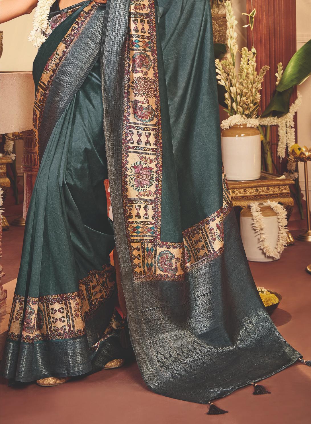 Lunar Green Tussar Silk Tribal Print Saree-4457