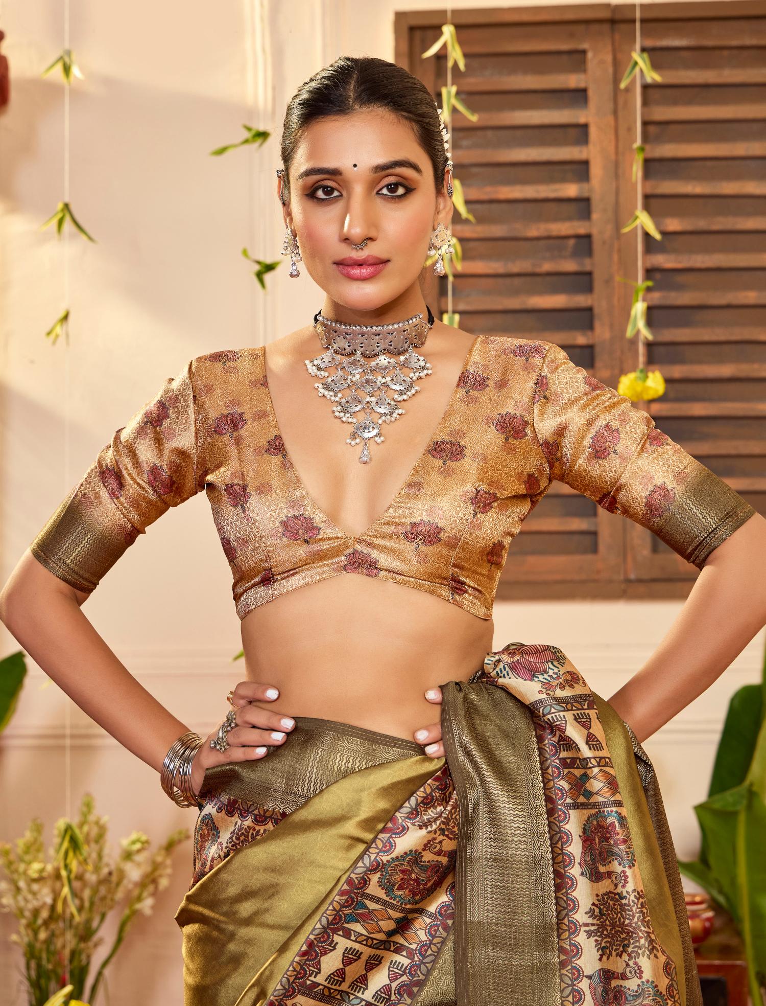 French Beige Tussar Silk Tribal Print Saree-4458