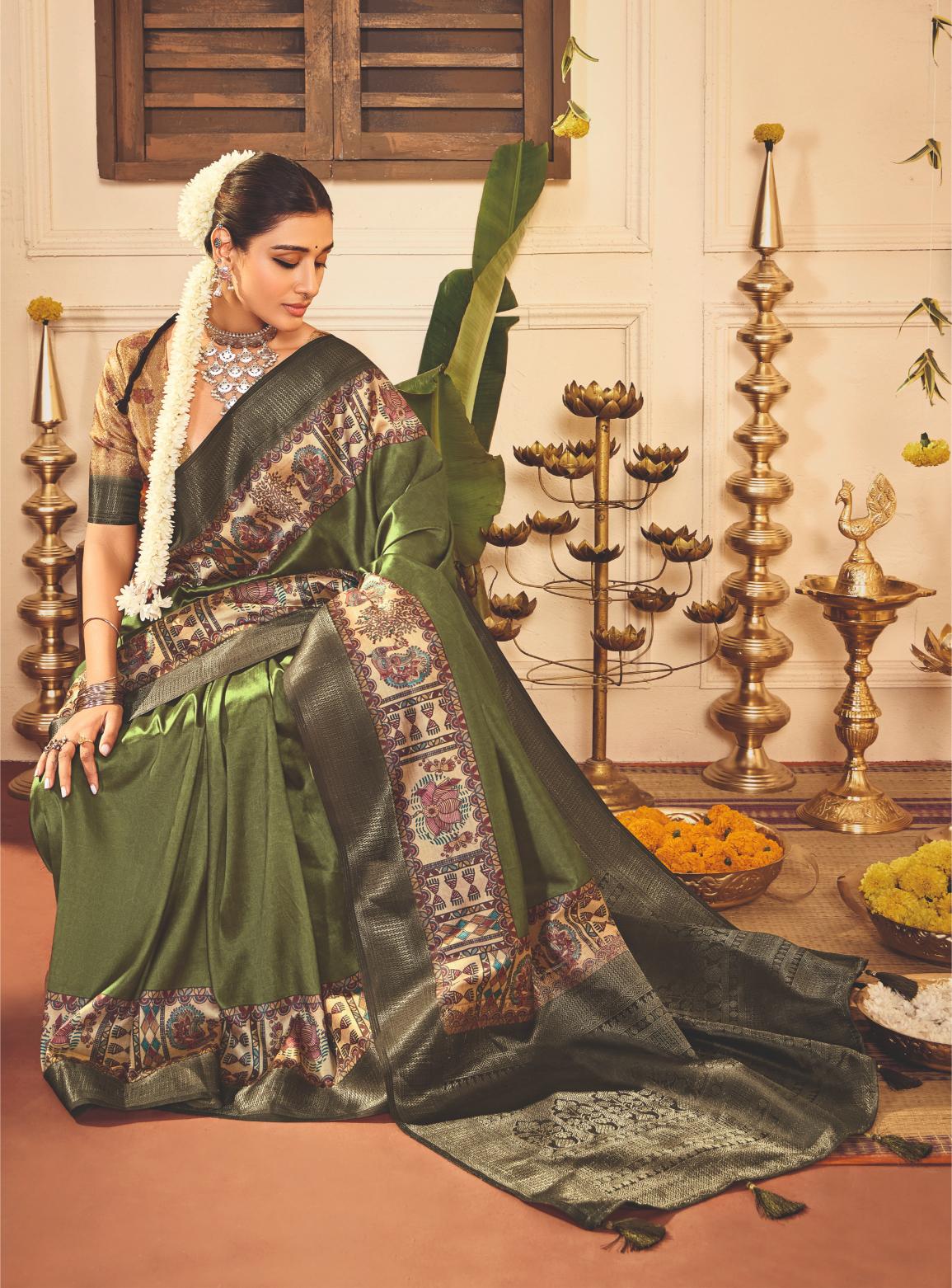 Dark Green Tussar Silk Tribal Print Saree-4461