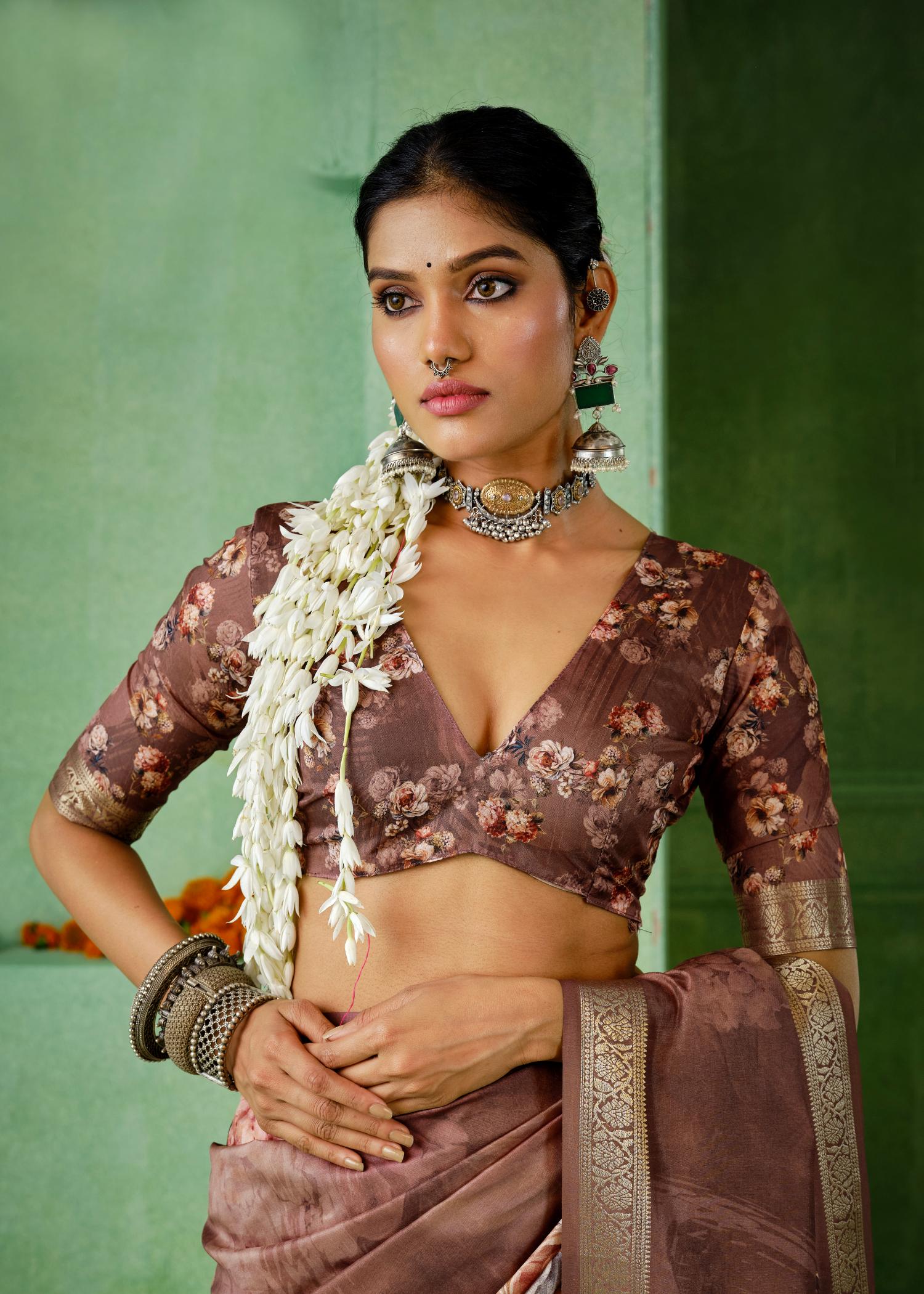 Coffee Brown Tussar Silk Floral Print Saree-4467