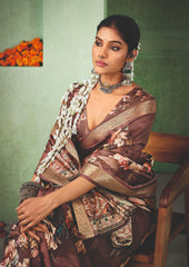 Coffee Brown Tussar Silk Floral Print Saree-4467