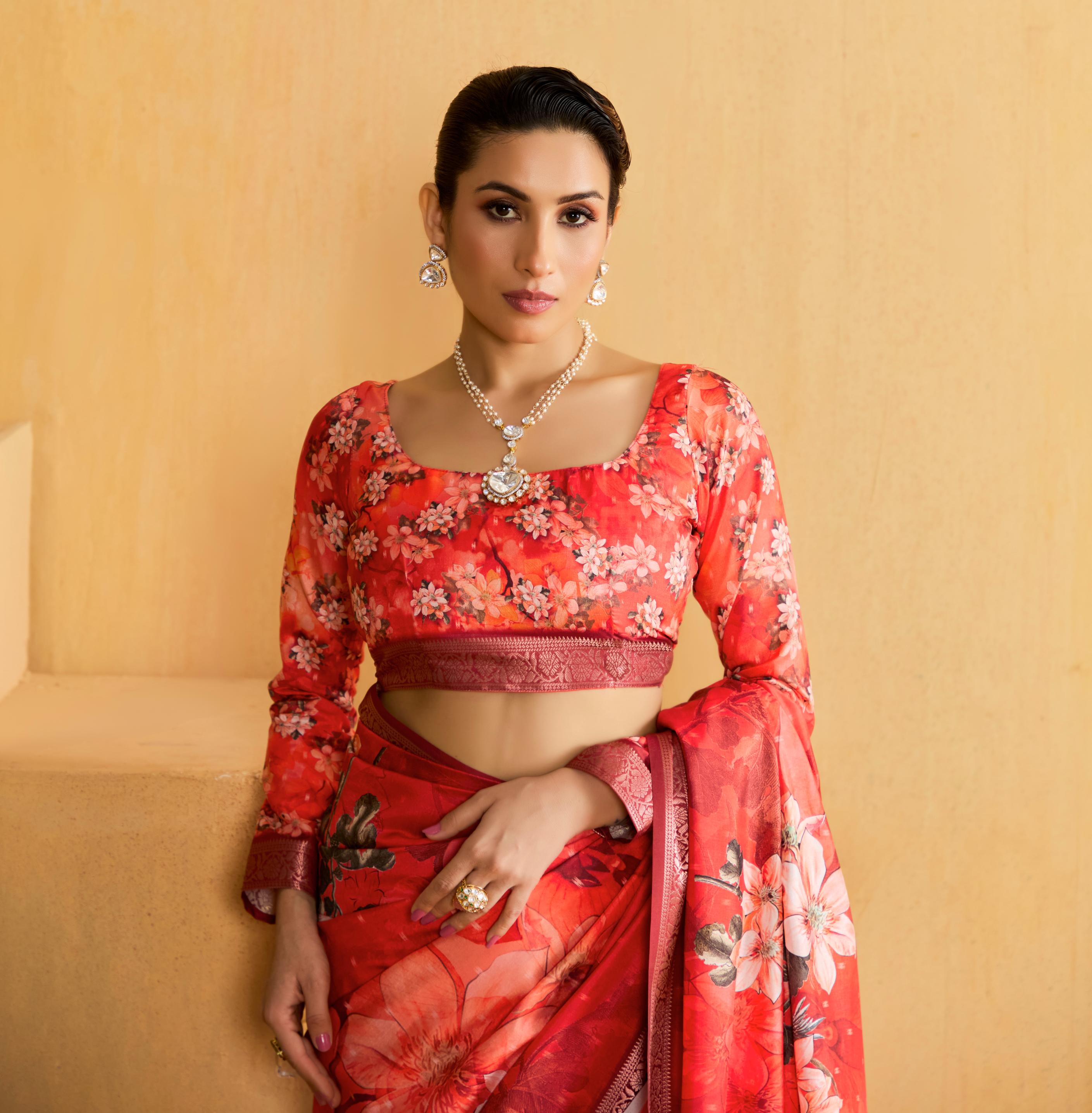 Red Tussar Silk Floral Print Saree-4471