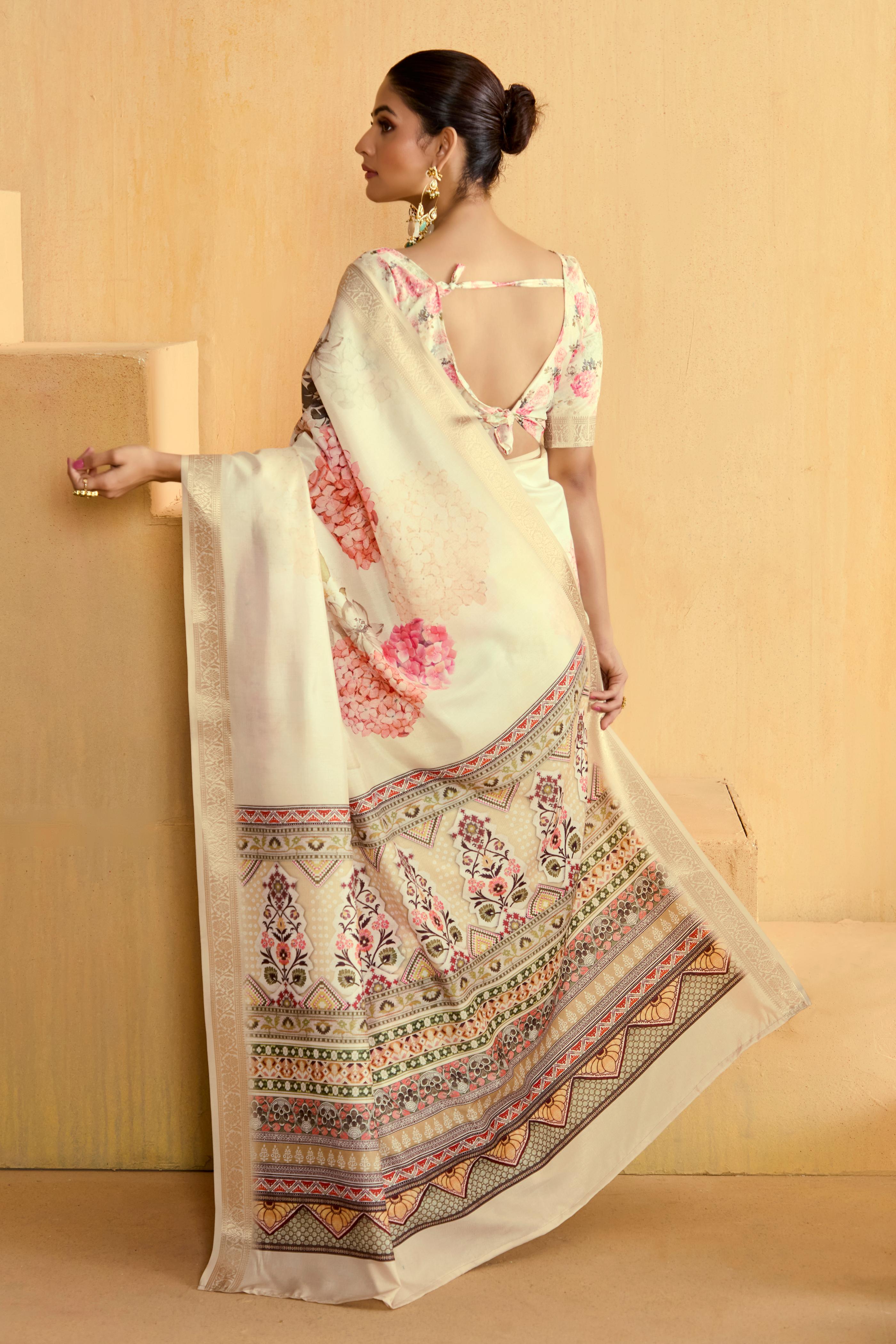 Cream Tussar Silk Floral Print Saree-4473