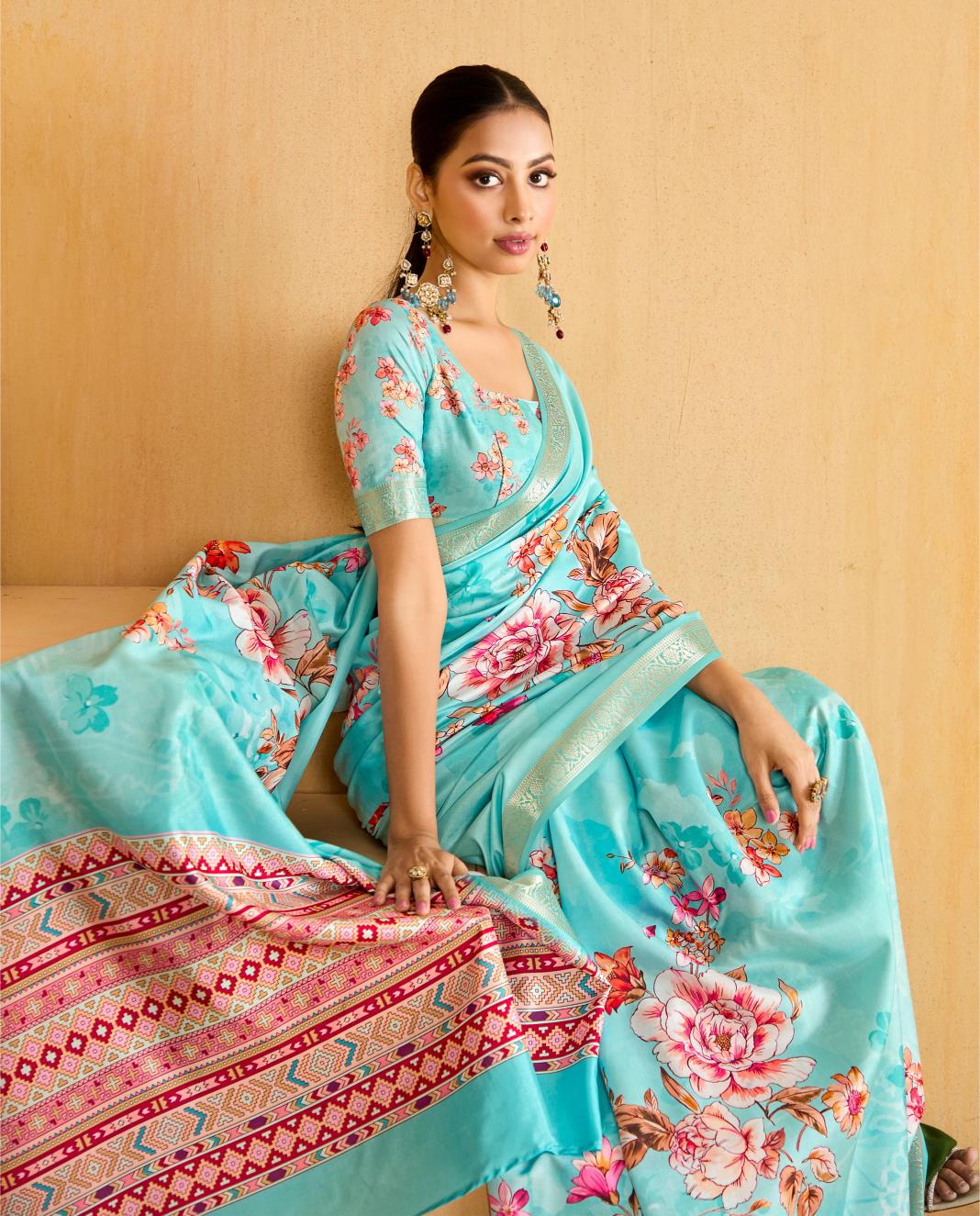 Fountain Blue Tussar Silk Floral Print Saree-4474
