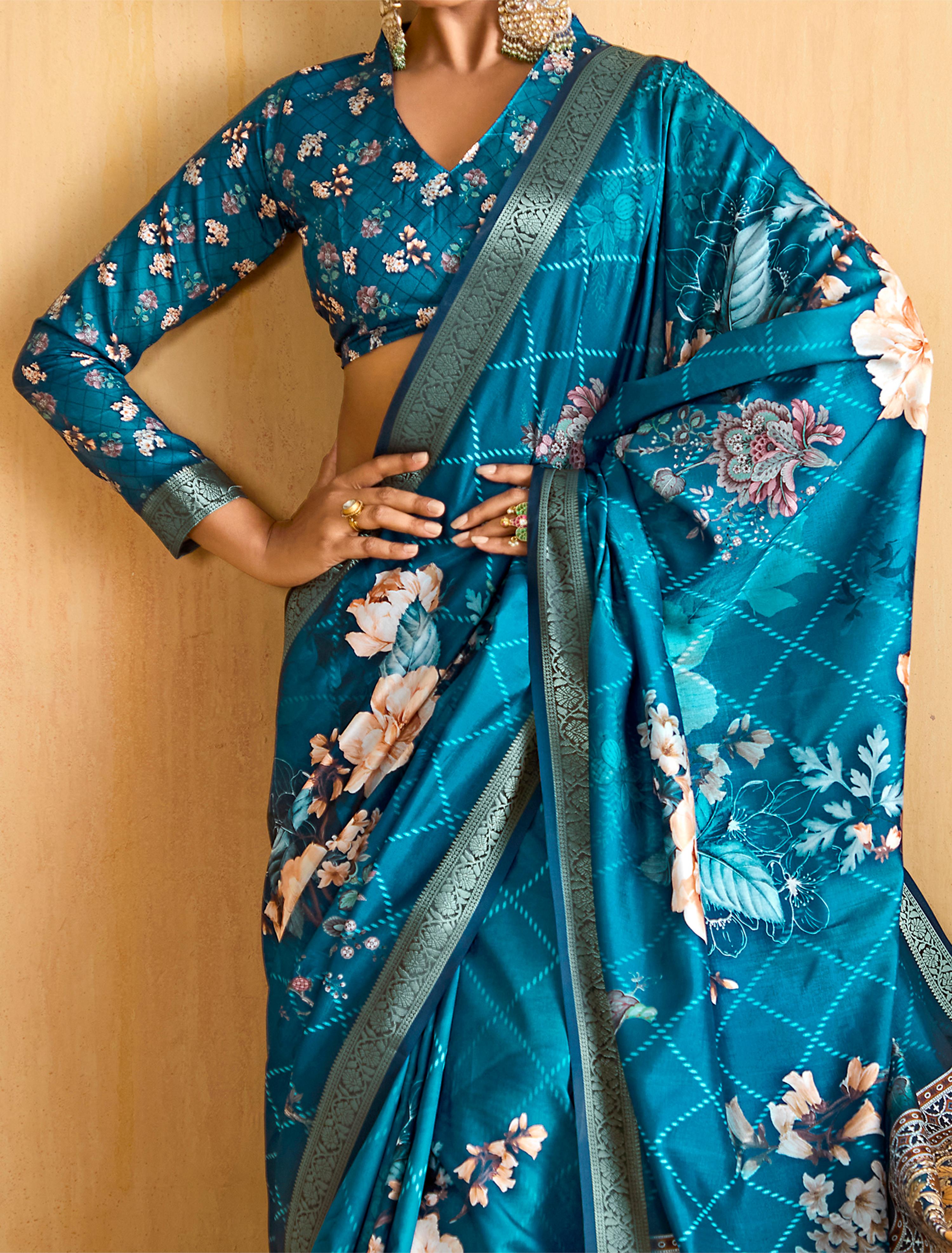 Regal Blue Tussar Silk Floral Print Saree-4476