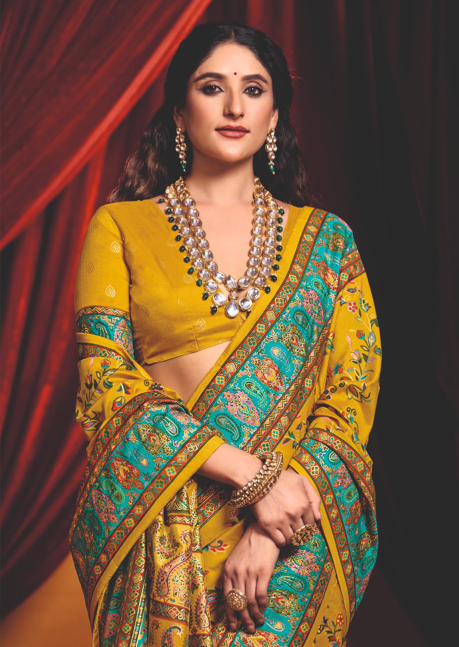 Mustard Tussar Silk Paisley Print Saree-4481