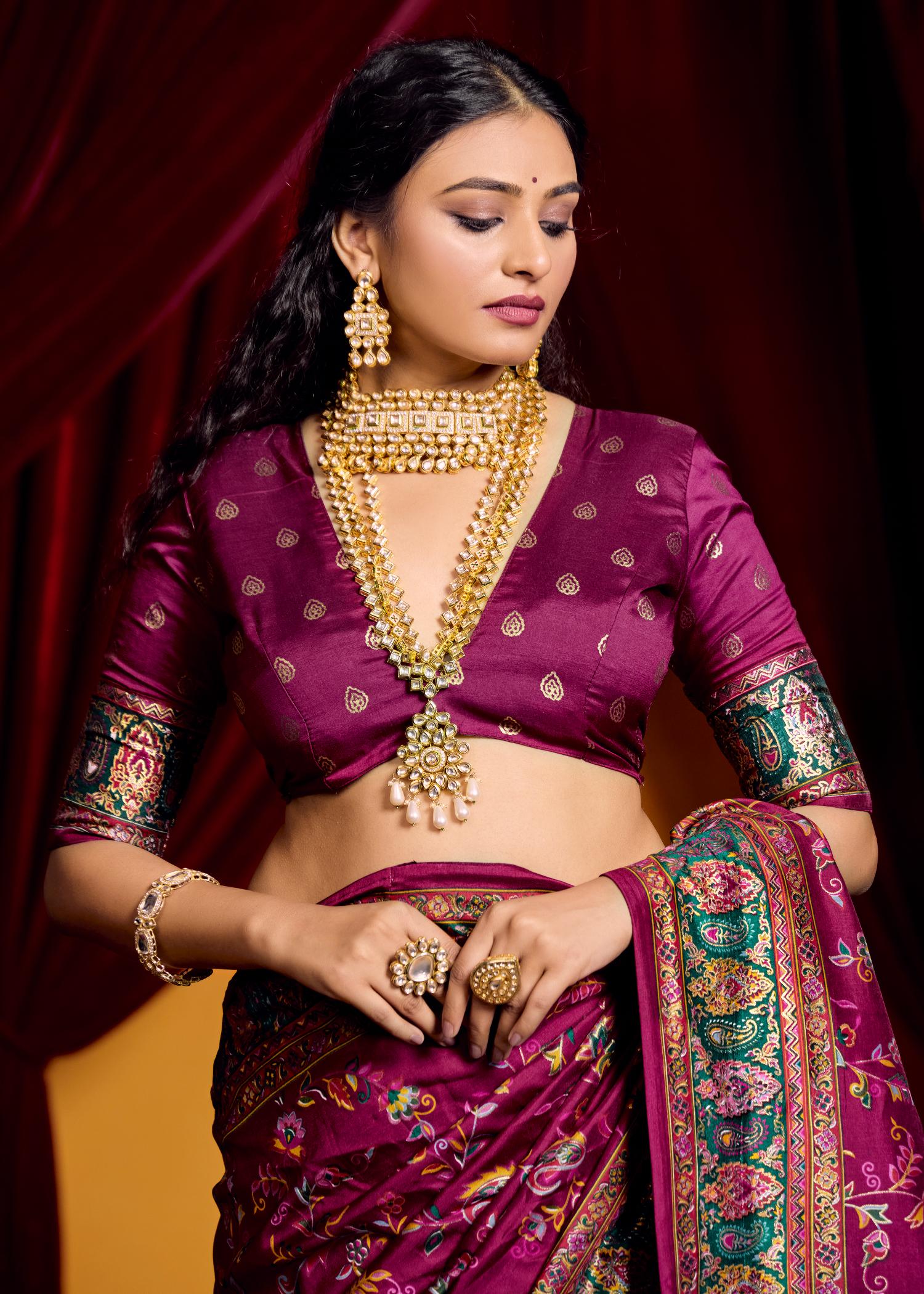Wine Tussar Silk Paisley Print Saree-4482