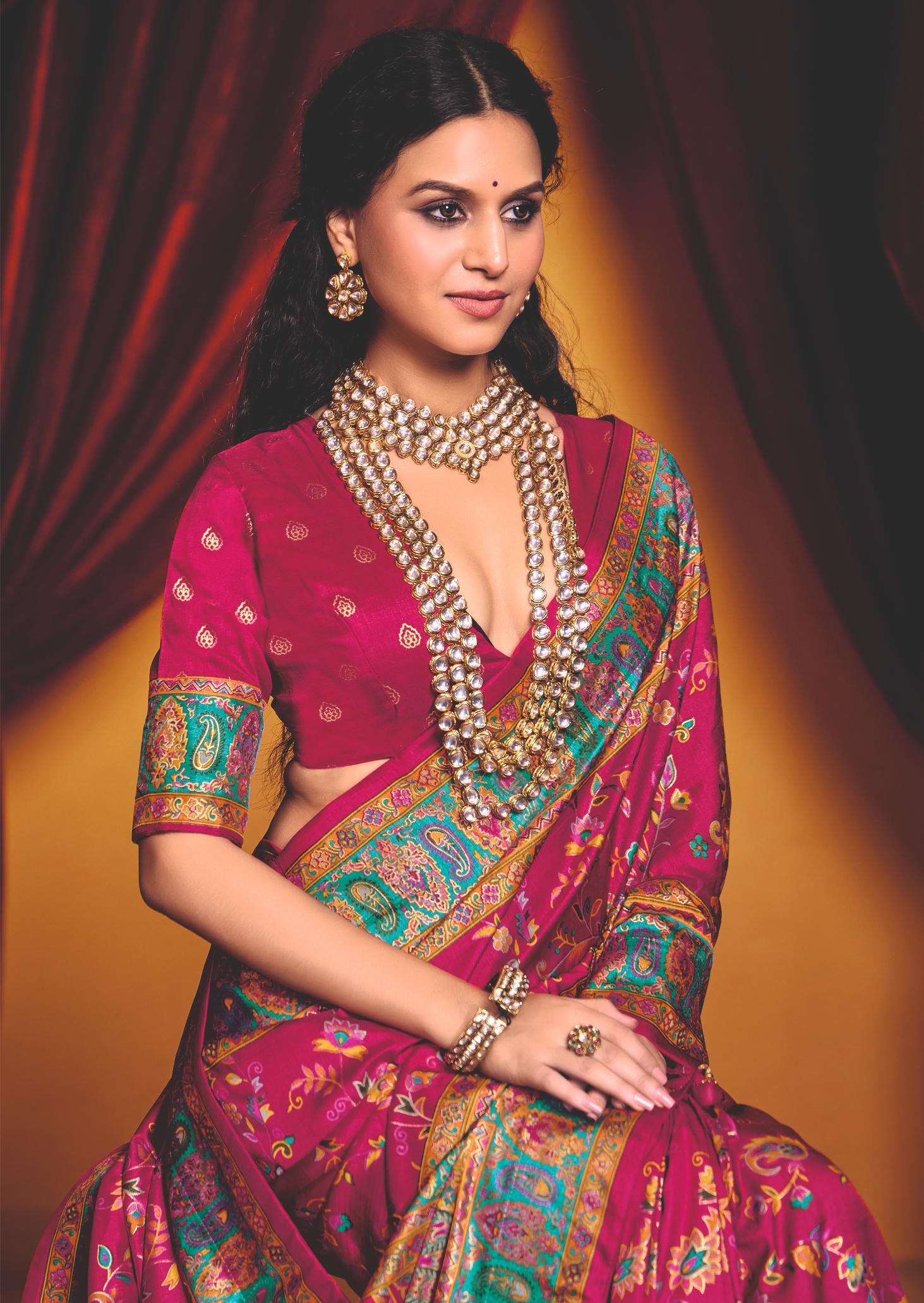 Bright Pink Tussar Silk Paisley Print Saree-4485