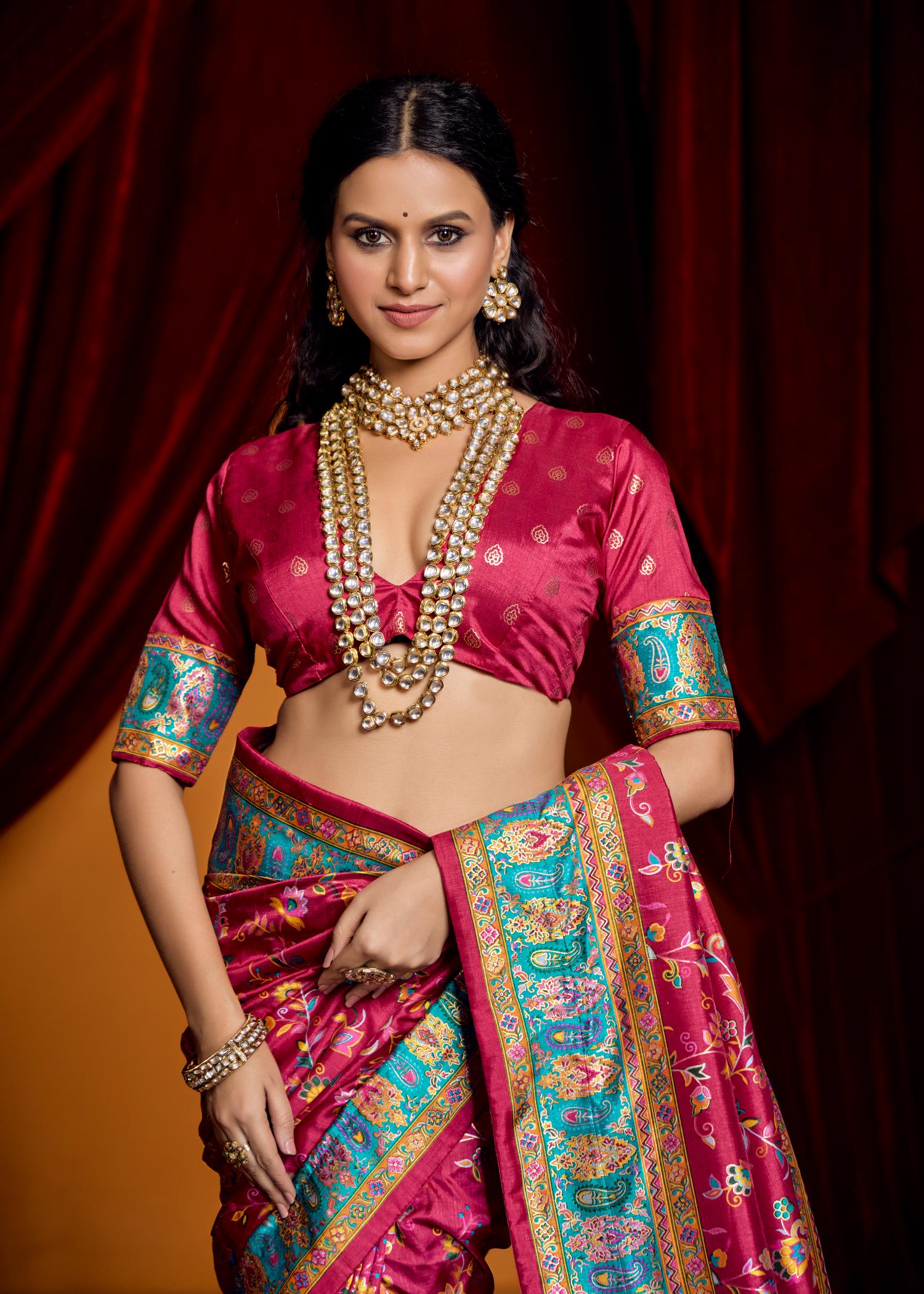 Bright Pink Tussar Silk Paisley Print Saree-4485