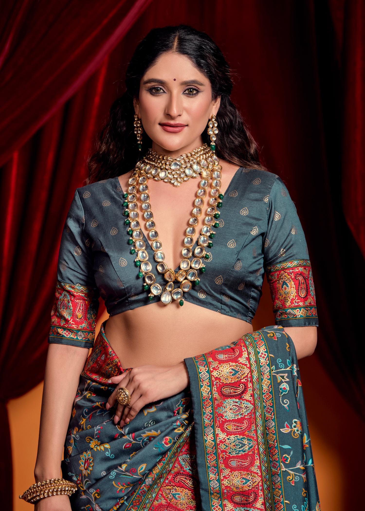Charcoal Grey Tussar Silk Paisley Print Saree-4486