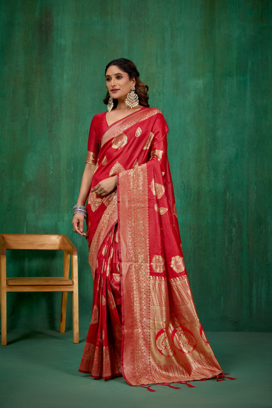 Shop Elegant Red Banarasi Art Silk Woven Ready to Wear Saree Online - Best Prices-RTW-1571