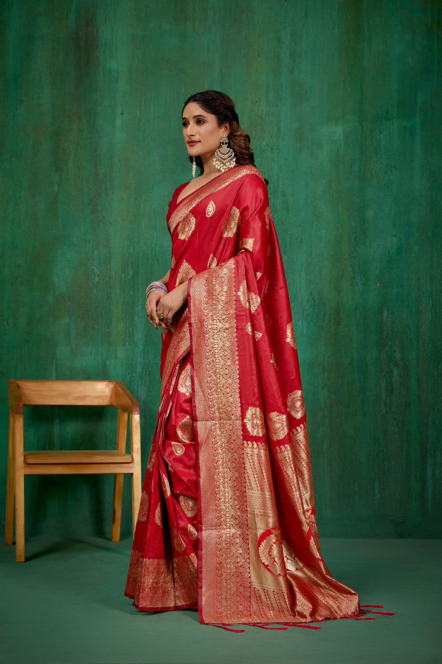 Shop Elegant Red Banarasi Art Silk Woven Ready to Wear Saree Online - Best Prices-RTW-1571