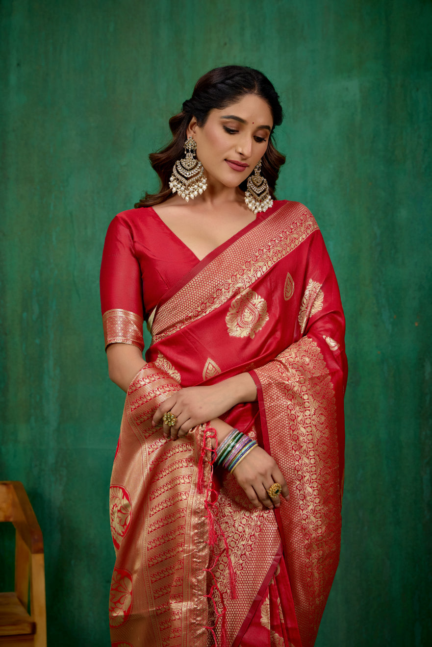 Shop Elegant Red Banarasi Art Silk Woven Ready to Wear Saree Online - Best Prices-RTW-1571