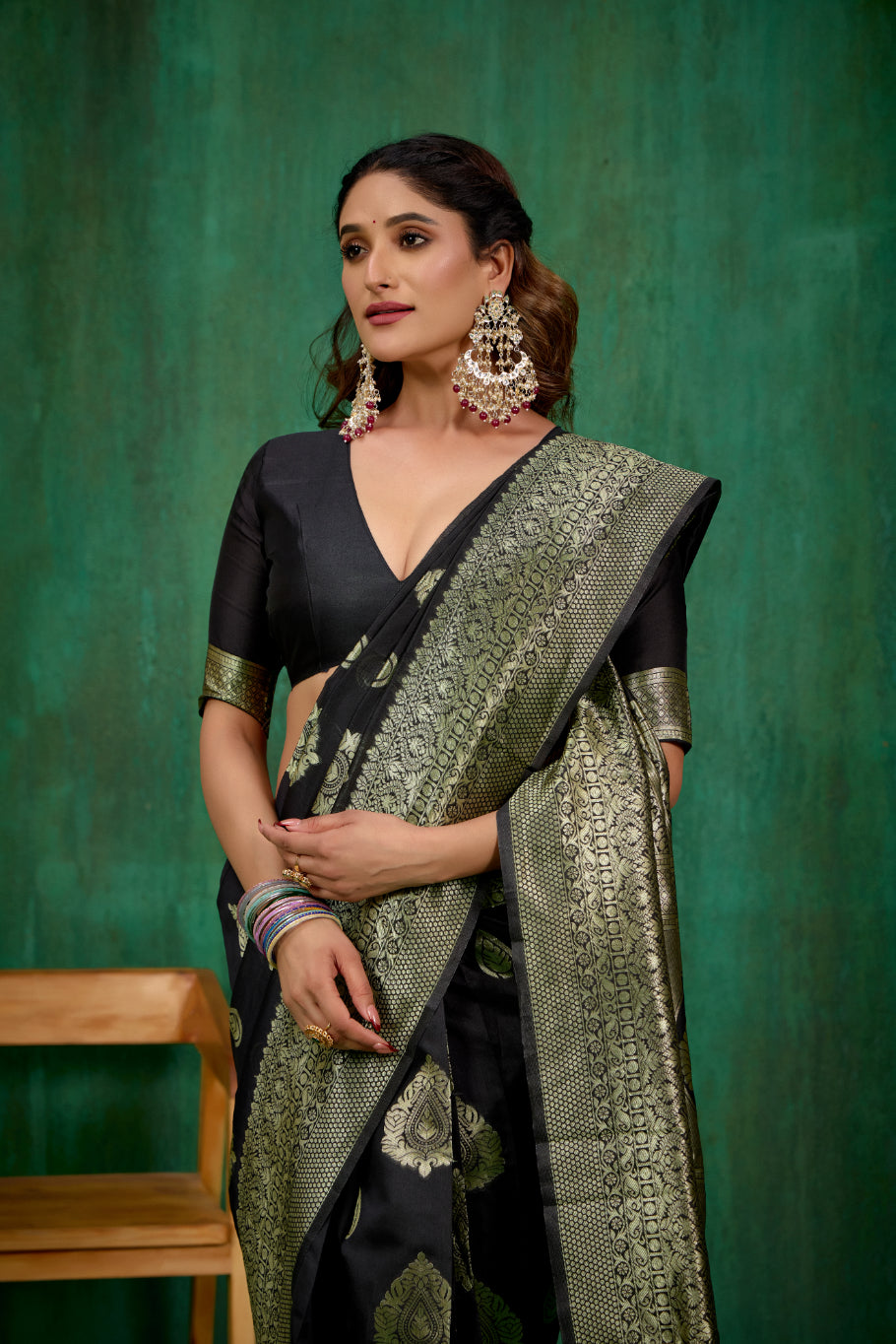 Shop Elegant Black Banarasi Art Silk Woven Ready to Wear Saree Online - Best Prices-RTW-1573