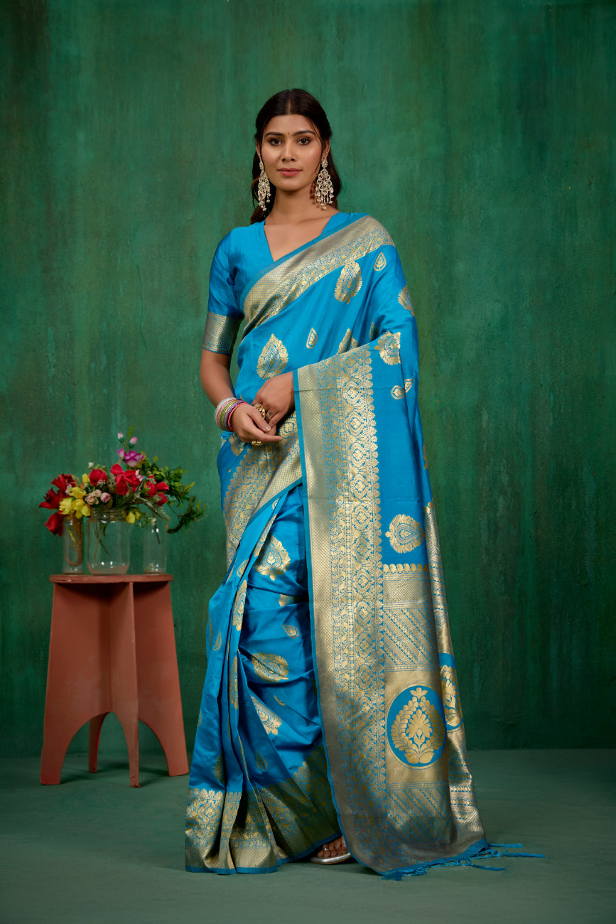 Shop Elegant Teal Banarasi Art Silk Woven Ready to Wear Saree Online - Best Prices-RTW-1575