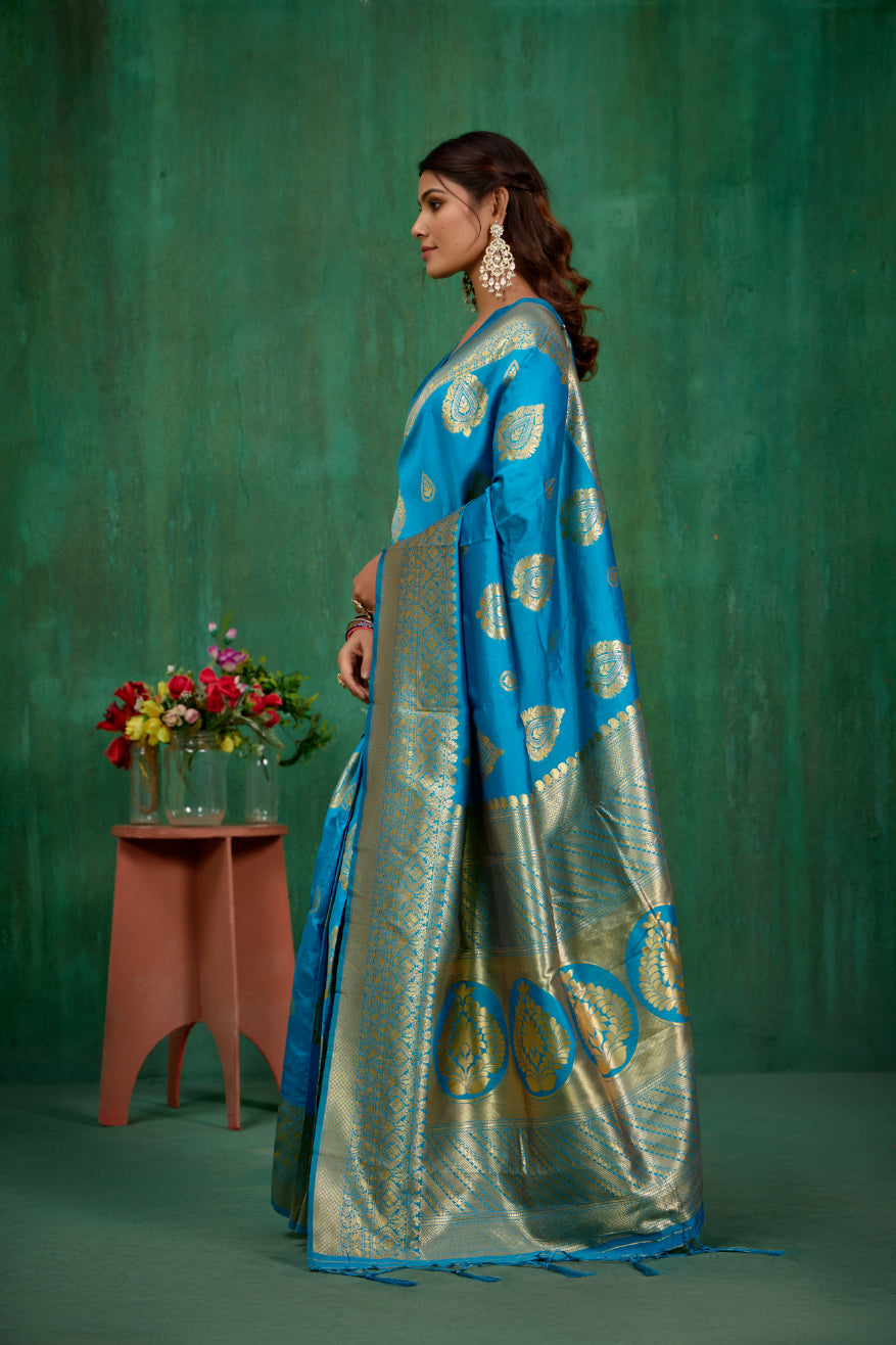 Shop Elegant Teal Banarasi Art Silk Woven Ready to Wear Saree Online - Best Prices-RTW-1575