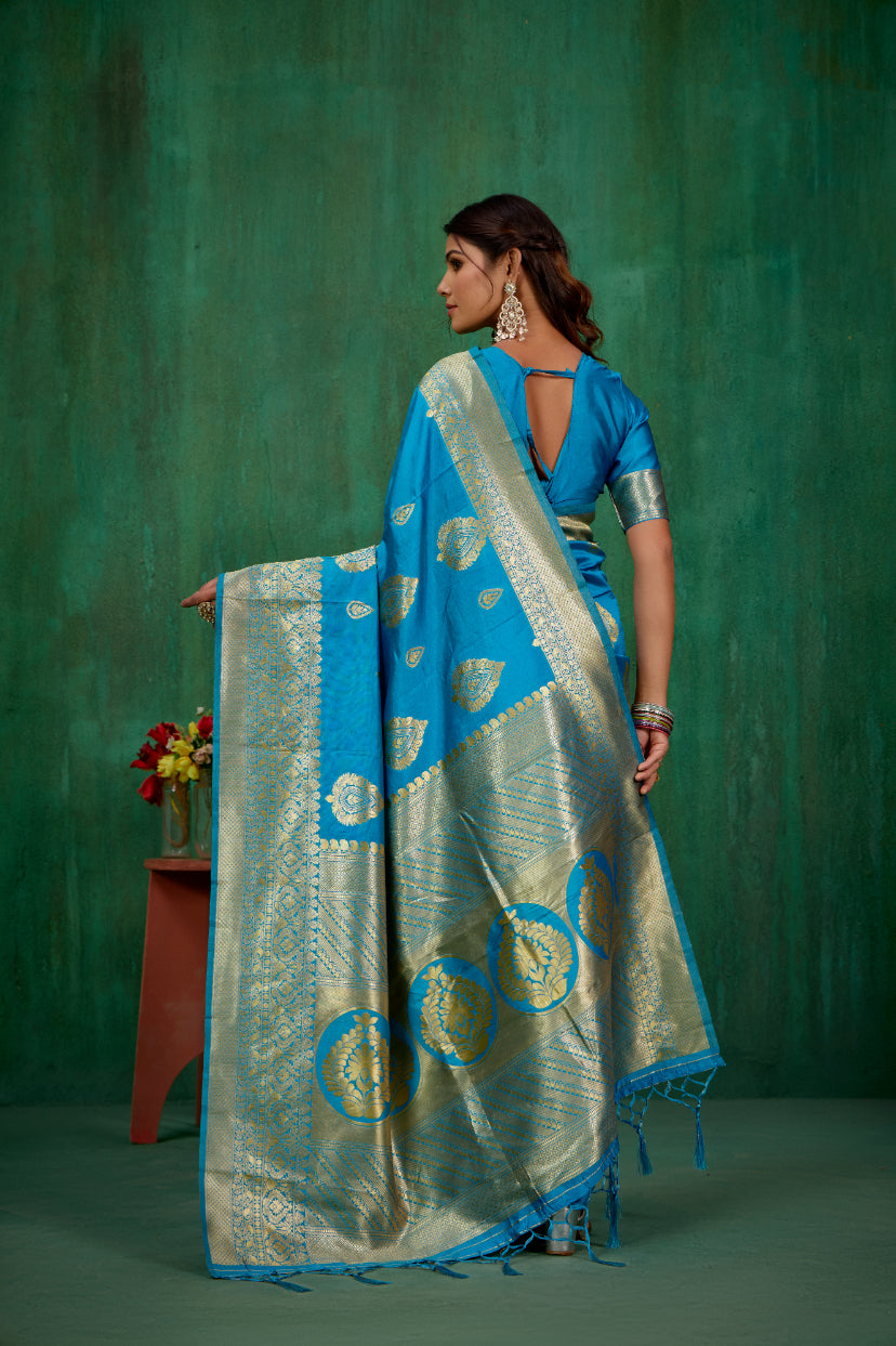 Shop Elegant Teal Banarasi Art Silk Woven Ready to Wear Saree Online - Best Prices-RTW-1575