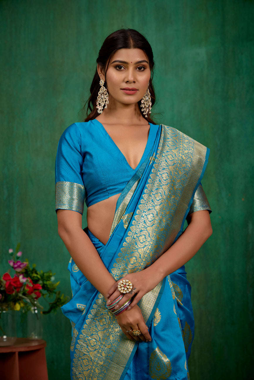Shop Elegant Teal Banarasi Art Silk Woven Ready to Wear Saree Online - Best Prices-RTW-1575