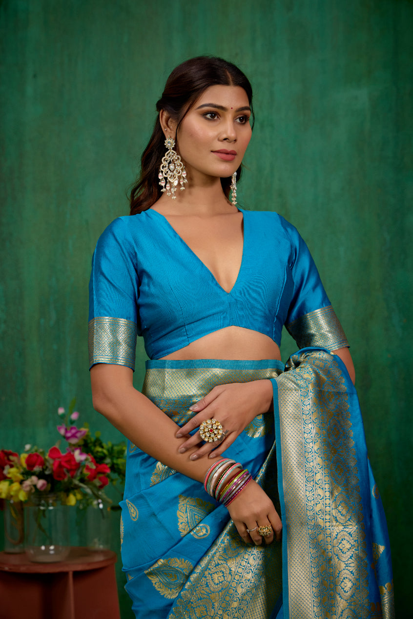 Shop Elegant Teal Banarasi Art Silk Woven Ready to Wear Saree Online - Best Prices-RTW-1575