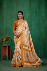 Shop Stylish Cream Linen Printed Ready to Wear Sarees Online - Affordable Prices-RTW-1897