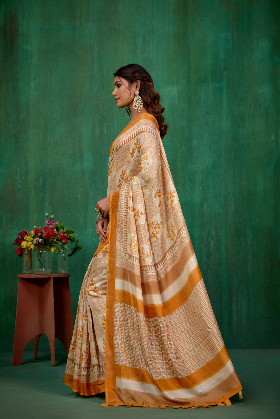 Shop Stylish Cream Linen Printed Ready to Wear Sarees Online - Affordable Prices-RTW-1897