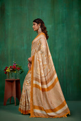 Shop Stylish Cream Linen Printed Ready to Wear Sarees Online - Affordable Prices-RTW-1897