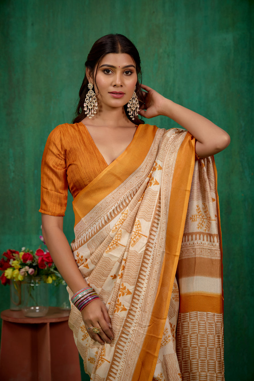 Shop Stylish Cream Linen Printed Ready to Wear Sarees Online - Affordable Prices-RTW-1897