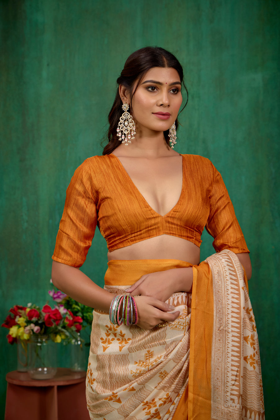 Shop Stylish Cream Linen Printed Ready to Wear Sarees Online - Affordable Prices-RTW-1897