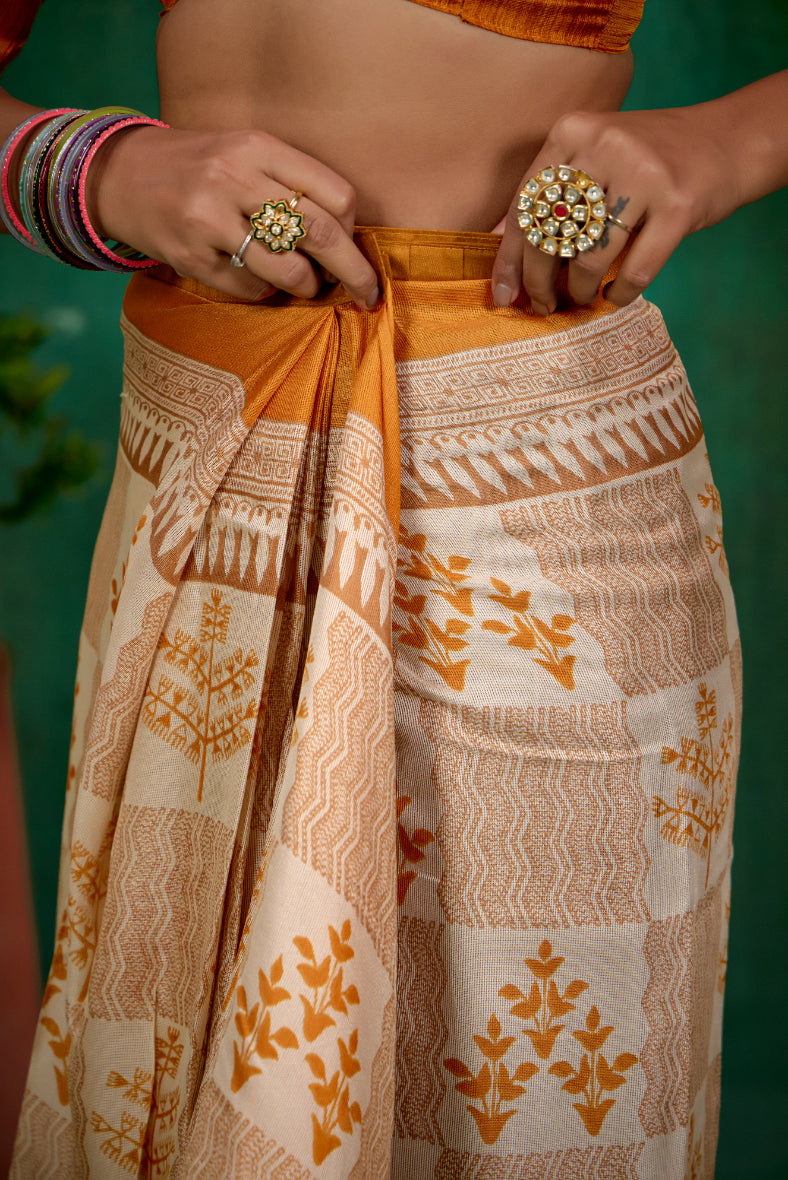 Shop Stylish Cream Linen Printed Ready to Wear Sarees Online - Affordable Prices-RTW-1897