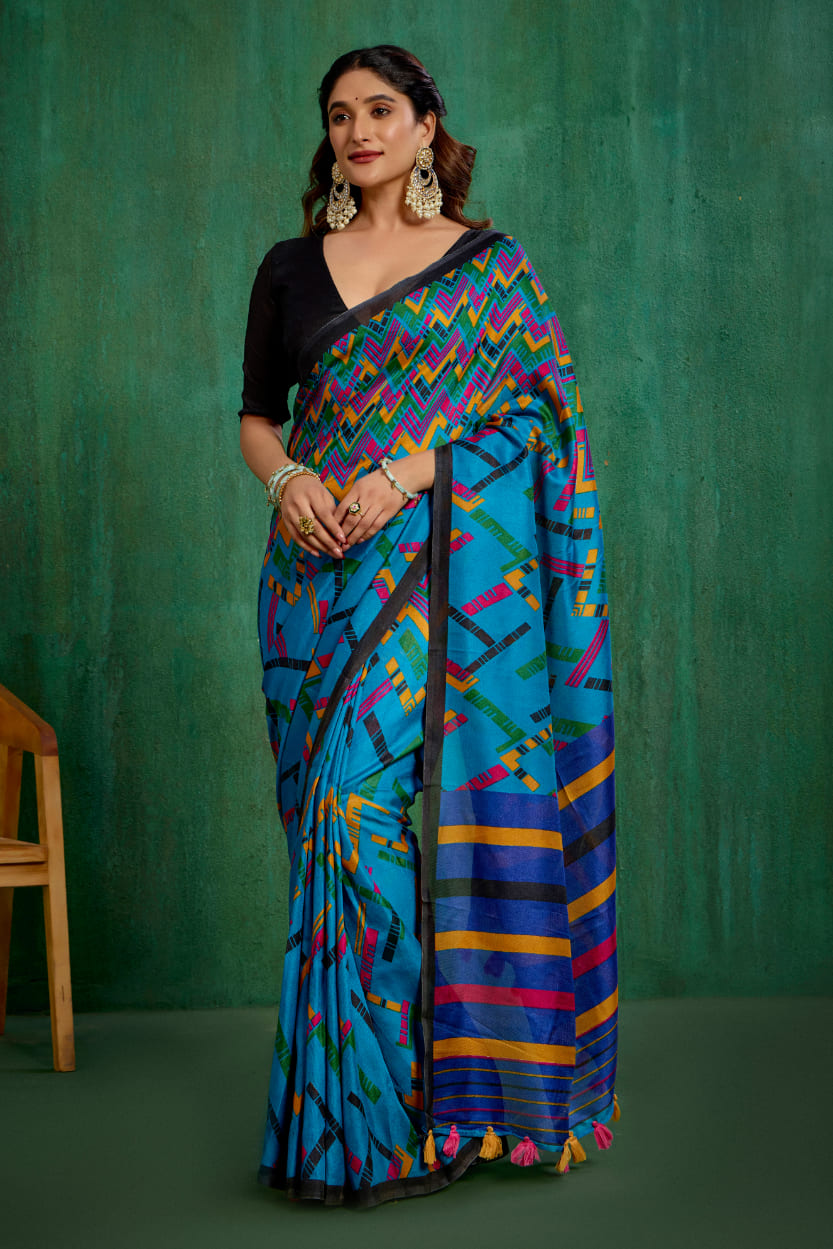 Shop Teal Stylish Linen Printed Ready to Wear Sarees Online - Affordable Prices-RTW-1905