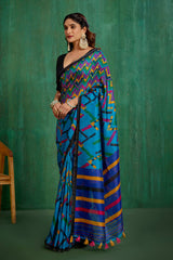Shop Teal Stylish Linen Printed Ready to Wear Sarees Online - Affordable Prices-RTW-1905