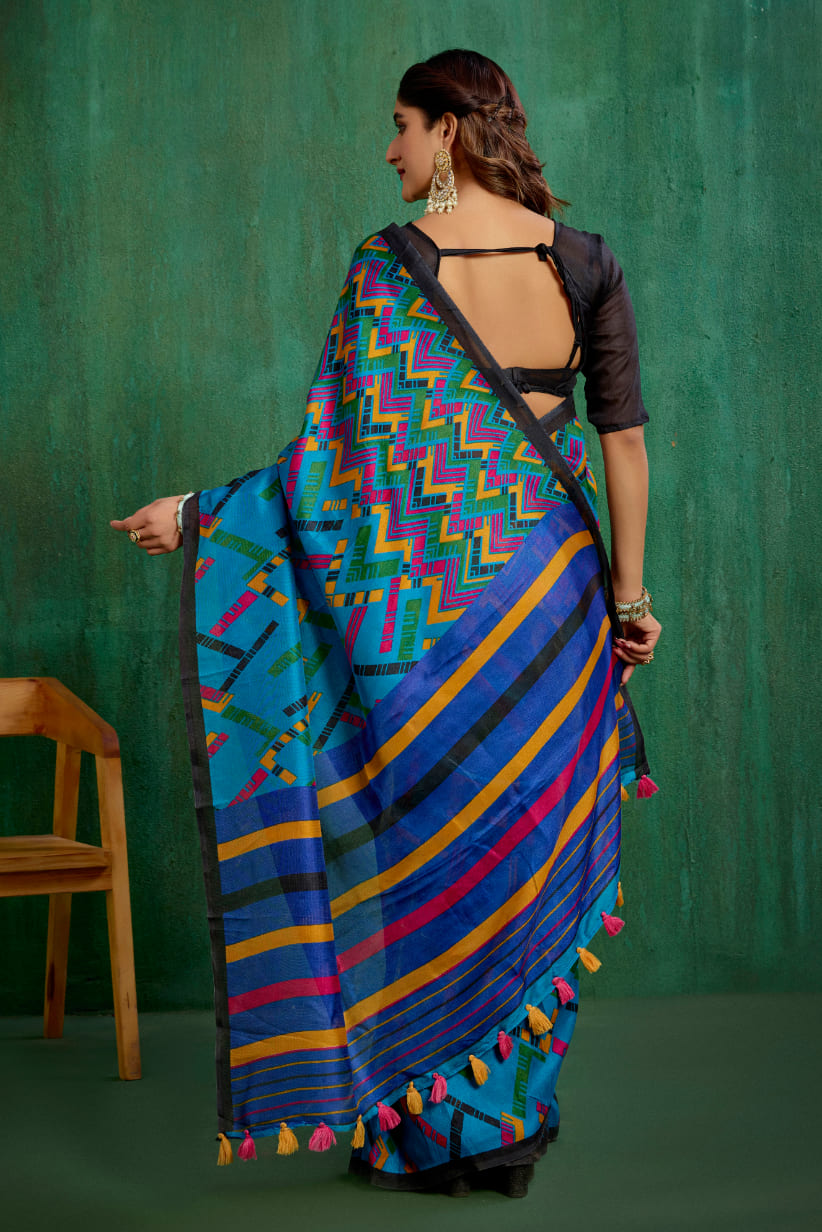 Shop Teal Stylish Linen Printed Ready to Wear Sarees Online - Affordable Prices-RTW-1905