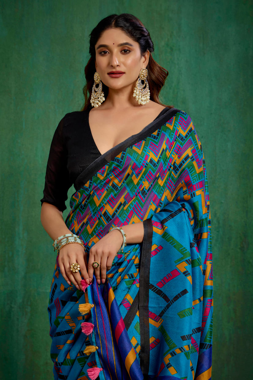 Shop Teal Stylish Linen Printed Ready to Wear Sarees Online - Affordable Prices-RTW-1905