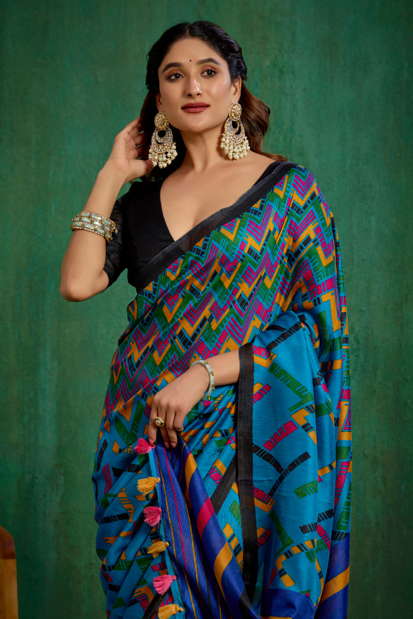 Shop Teal Stylish Linen Printed Ready to Wear Sarees Online - Affordable Prices-RTW-1905