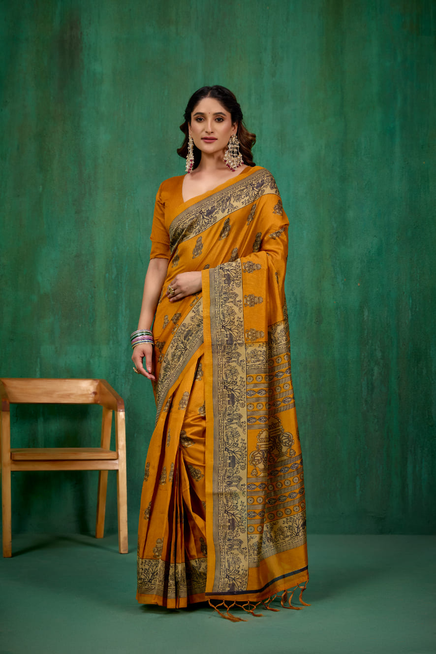 Shop Elegant Mustard Mysore Art Silk Printed Ready to Wear Saree Online - Best Prices-RTW-1944