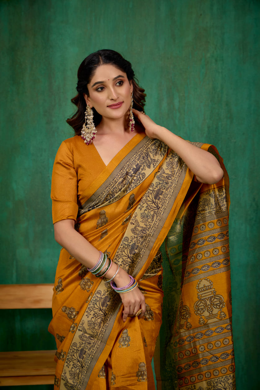 Shop Elegant Mustard Mysore Art Silk Printed Ready to Wear Saree Online - Best Prices-RTW-1944