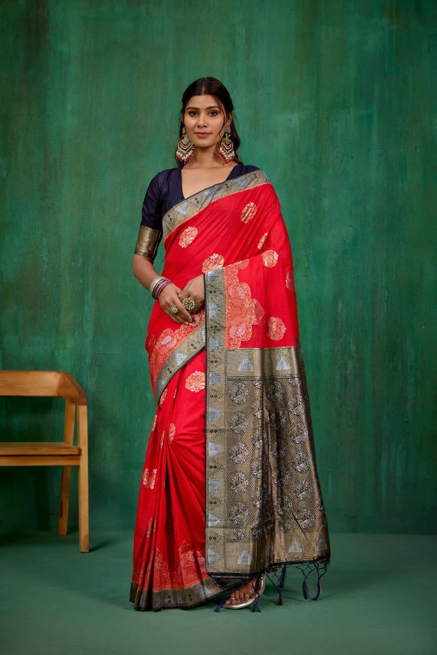 Shop Elegant Red Banarasi Art Silk Woven Ready to Wear Saree Online - Best Prices-RTW-2063