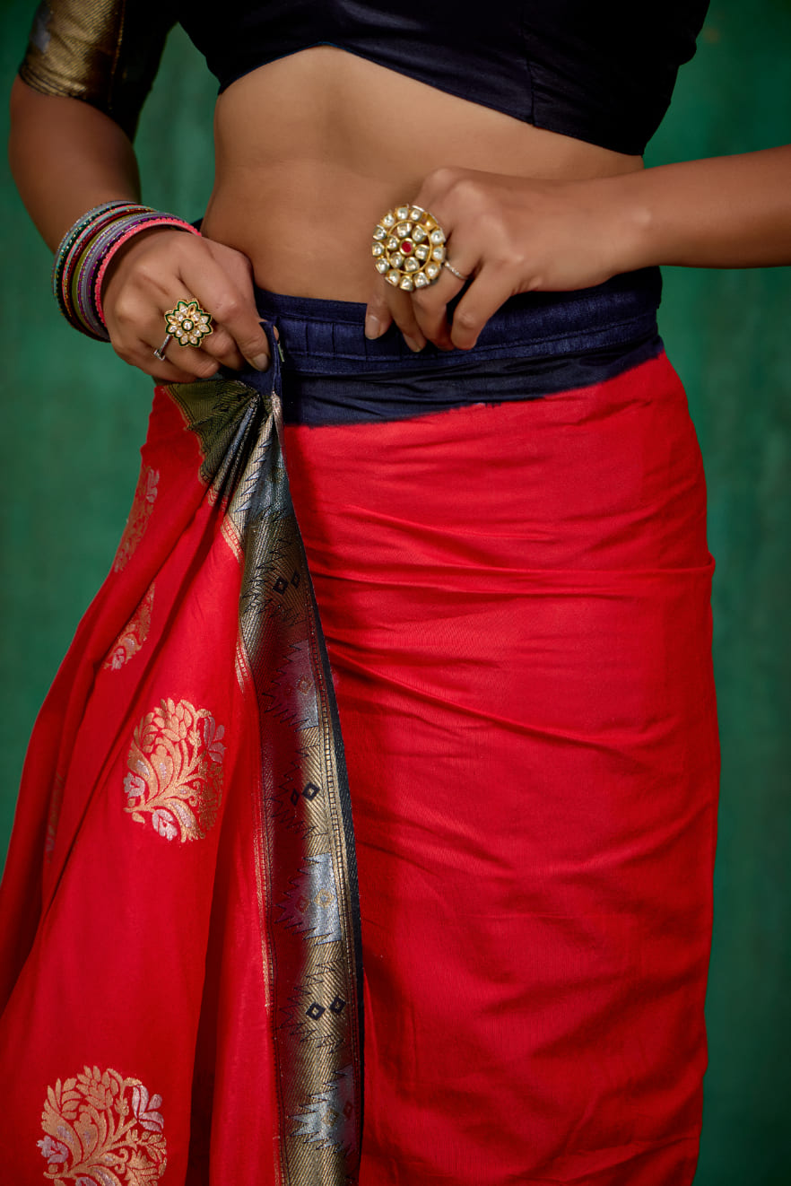 Shop Elegant Red Banarasi Art Silk Woven Ready to Wear Saree Online - Best Prices-RTW-2063