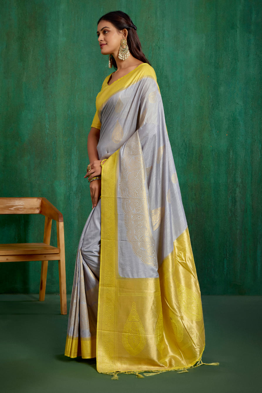 Shop Elegant Grey Banarasi Art Silk Woven Ready to Wear Saree Online - Best Prices-RTW-2069