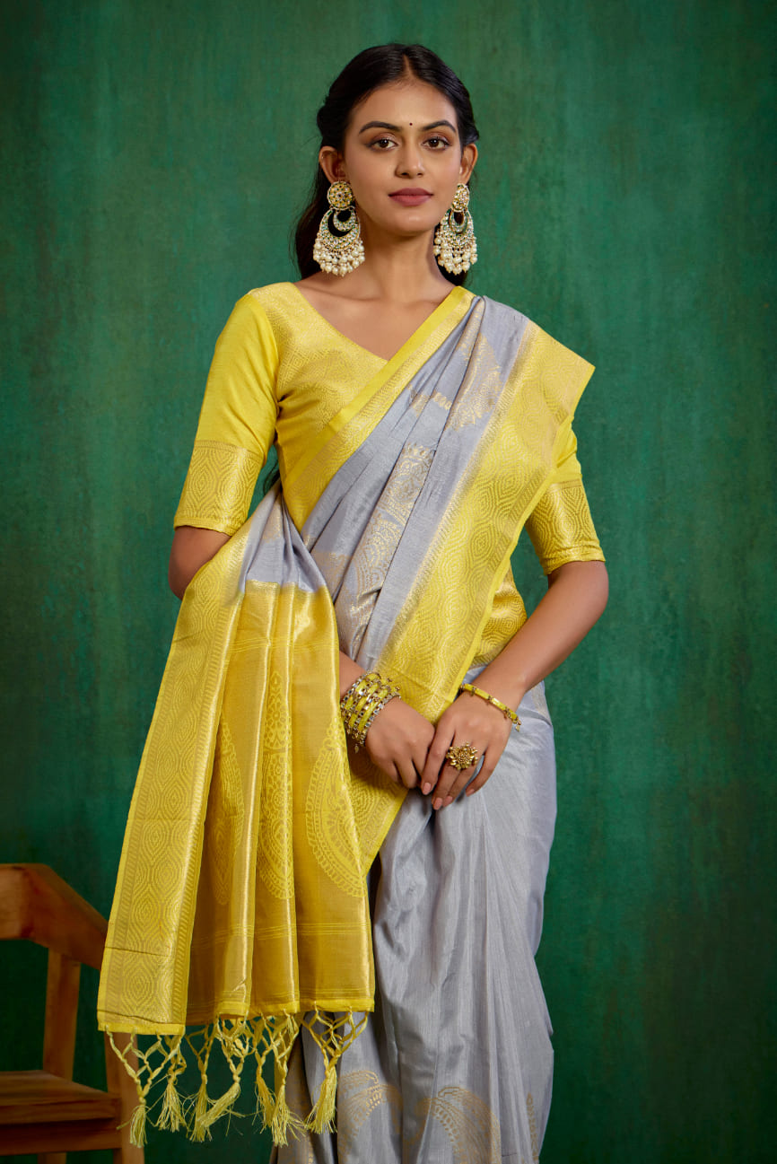 Shop Elegant Grey Banarasi Art Silk Woven Ready to Wear Saree Online - Best Prices-RTW-2069