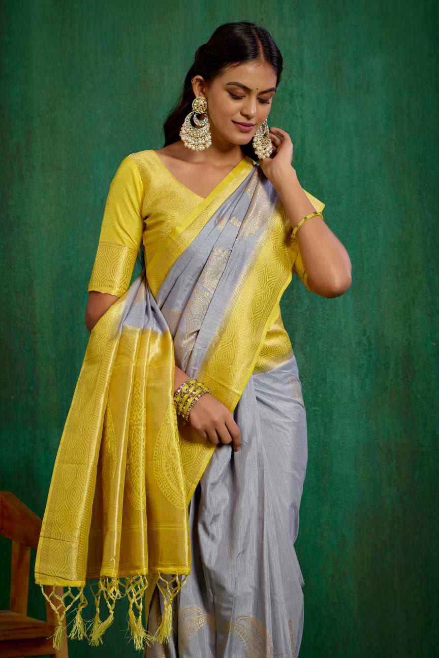 Shop Elegant Grey Banarasi Art Silk Woven Ready to Wear Saree Online - Best Prices-RTW-2069