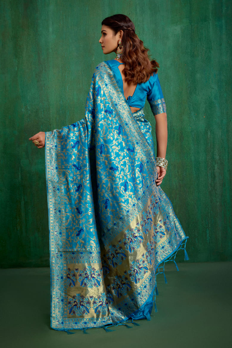 Shop Elegant Turquoise Banarasi Art Silk Woven Ready to Wear Saree Online - Best Prices-RTW-2096