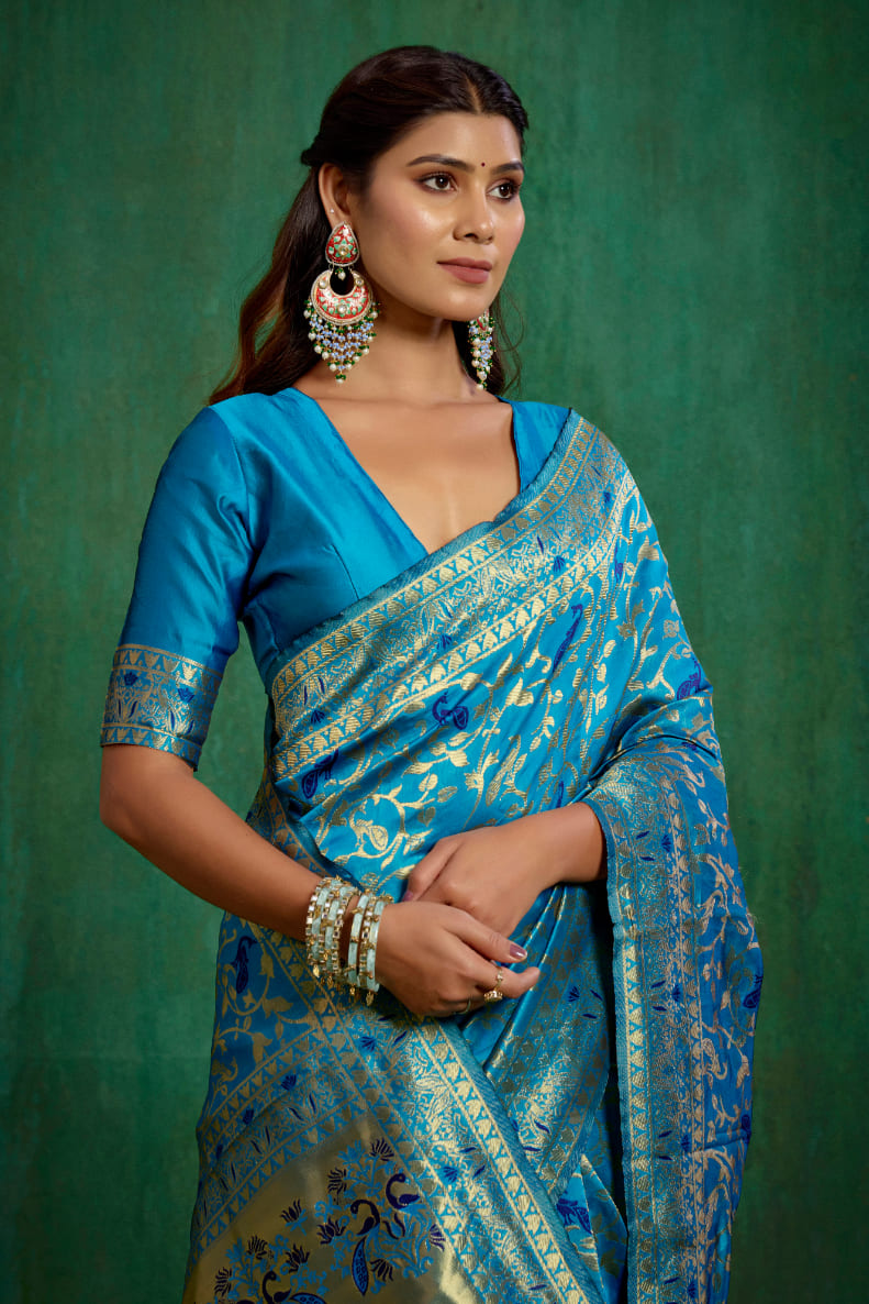 Shop Elegant Turquoise Banarasi Art Silk Woven Ready to Wear Saree Online - Best Prices-RTW-2096