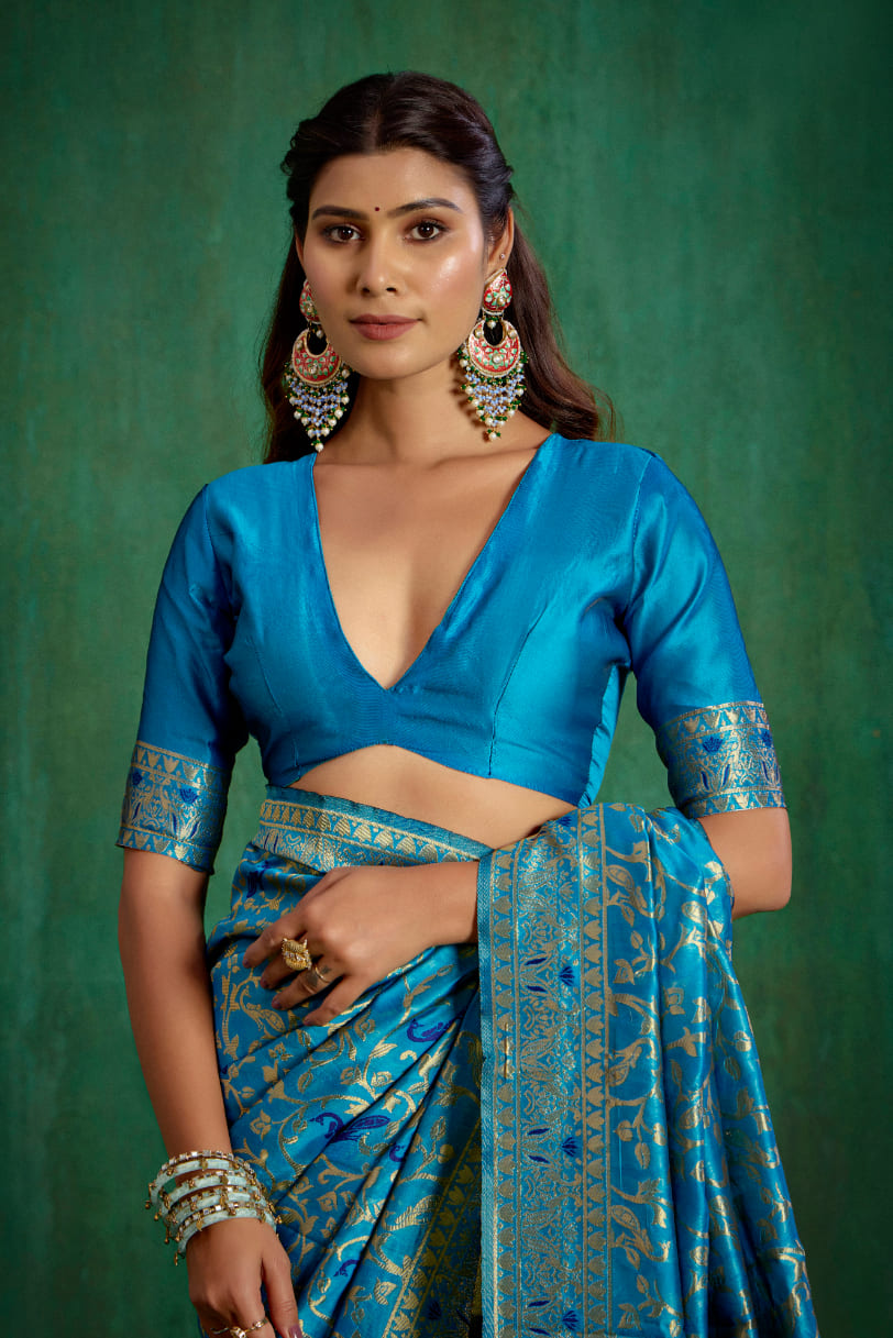 Shop Elegant Turquoise Banarasi Art Silk Woven Ready to Wear Saree Online - Best Prices-RTW-2096