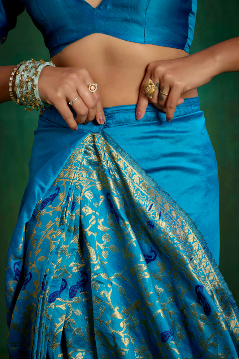 Shop Elegant Turquoise Banarasi Art Silk Woven Ready to Wear Saree Online - Best Prices-RTW-2096