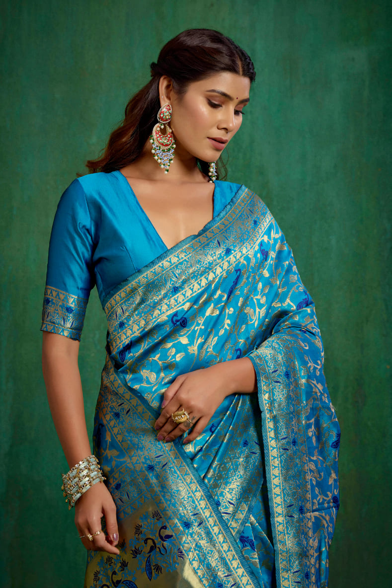 Shop Elegant Turquoise Banarasi Art Silk Woven Ready to Wear Saree Online - Best Prices-RTW-2096