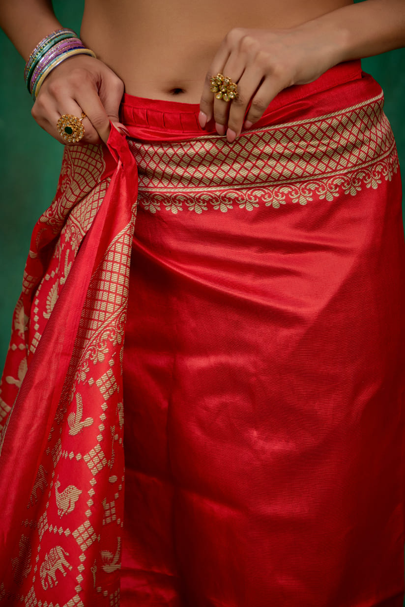 Shop Elegant Red Mysore Art Silk Printed Ready to Wear Saree Online - Best Prices-RTW-2196