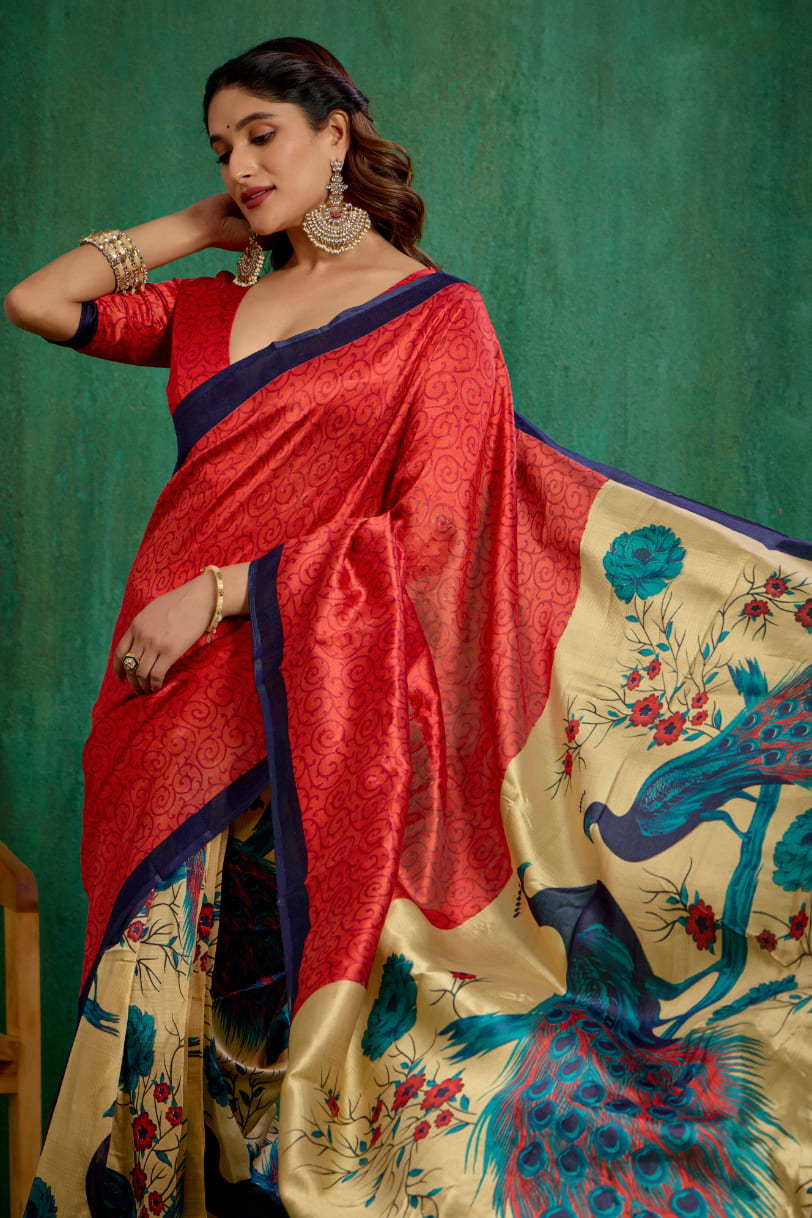 Shop Elegant Red Mysore Art Silk Printed Ready to Wear Saree Online - Best Prices-RTW-2214