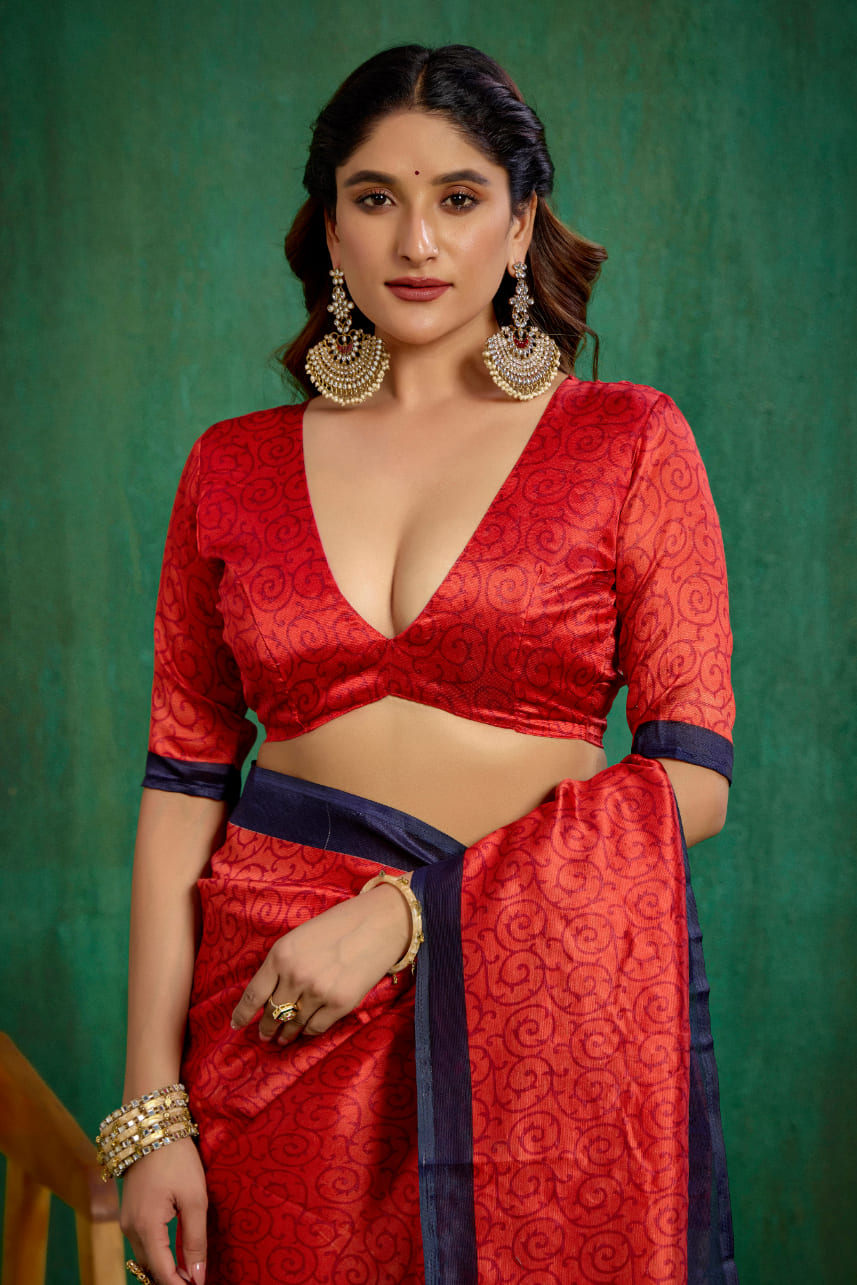 Shop Elegant Red Mysore Art Silk Printed Ready to Wear Saree Online - Best Prices-RTW-2214